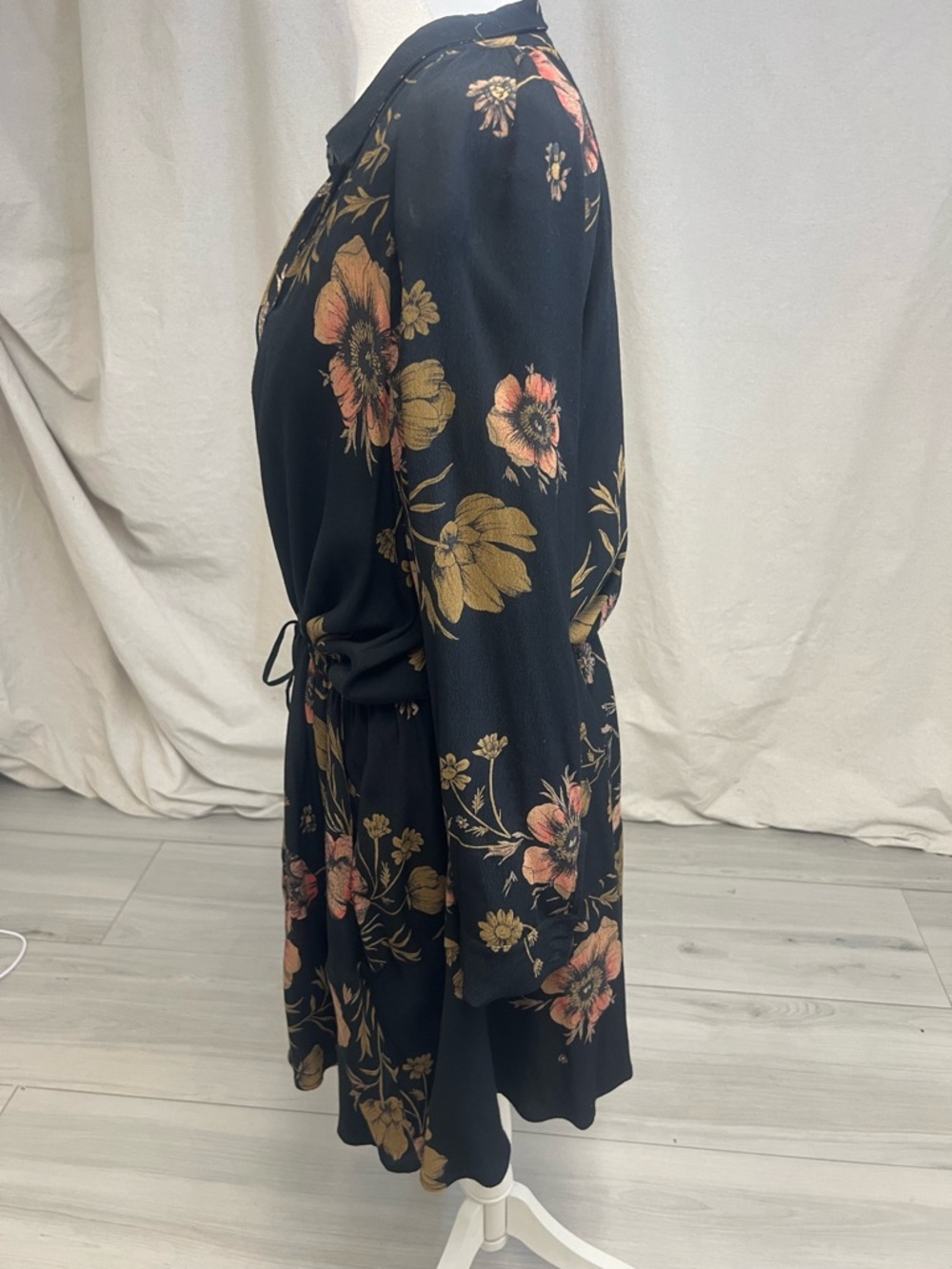 Free People Black Floral Drawstring Mini Dress Sz SP Boho Festival Romantic Goth - Picture 4 of 9